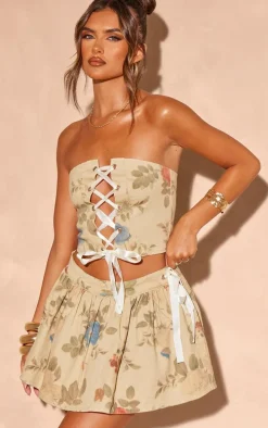 Stone Floral Denim Ribbon Detail Corset Top