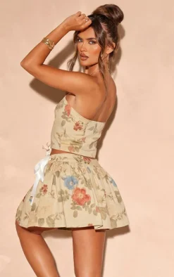 Stone Floral Denim Ribbon Detail Corset Top