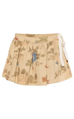 Stone Floral Print Floaty Denim Skirt With Ribbon Detail