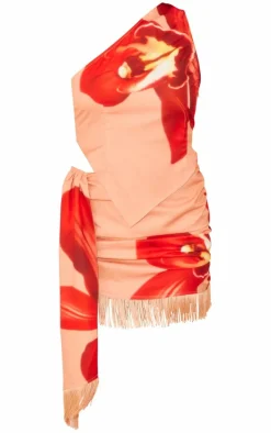 Stone Floral Print Halter Neck Fringe Mini Dress