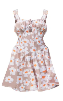 Stone Floral Print Woven Boning Detail Tie Bust Romper