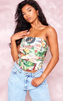 Stone Floral Print Woven Drape Front Boned Corset