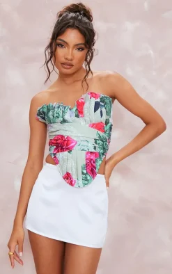 Stone Floral Print Woven Pleated Drape Front Corset