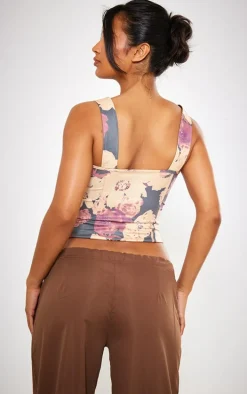 Stone Floral Print Woven Structured Lace Up Corset Crop Top