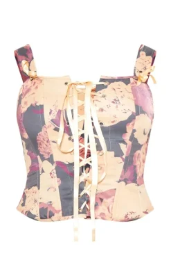 Stone Floral Print Woven Structured Lace Up Corset Crop Top