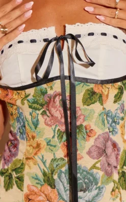 Stone Floral Twill Contrast Bandeau Bodycon Dress