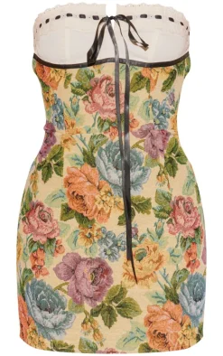 Stone Floral Twill Contrast Bandeau Bodycon Dress