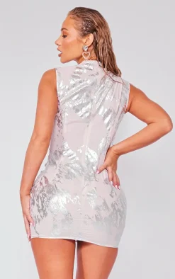 Stone Foil Print Woven Ruched Sleeveless Bodycon Dress