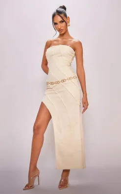 Stone Frayed Seam Detail Asymmetric Denim Midi Dress