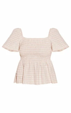 Stone Gingham Shirred Blouse