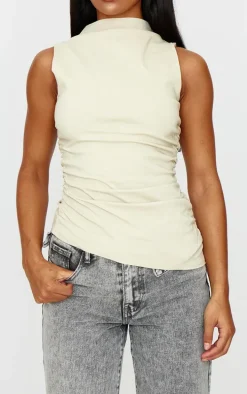 Stone High Neck Ruched Asymmetrical Long Top