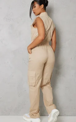 Stone High Neck Sleeveless Pocket Detail Utility Jumpsuit