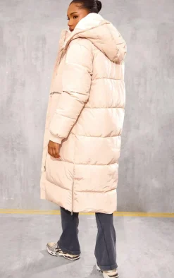 Stone Hooded Maxi Puffer Coat