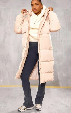 Stone Hooded Maxi Puffer Coat