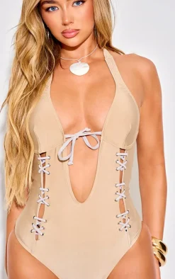 Stone Lace Up Deep Plunge Swimsuit