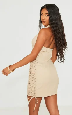 Stone Lace Up Side Zip Front Bodycon Dress