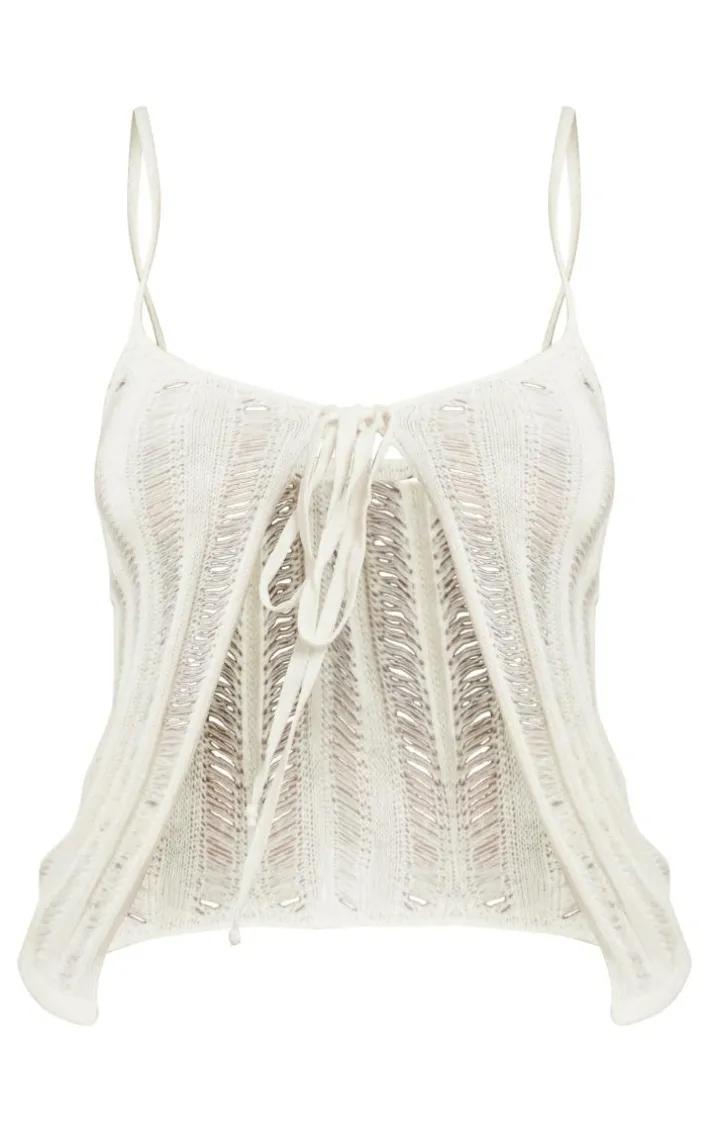 Stone Laddering Crochet Front Tie Strappy Top