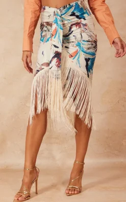 Stone Leaf Abstract Print Tassel Hem Midi Skirt