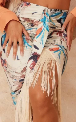 Stone Leaf Abstract Print Tassel Hem Midi Skirt
