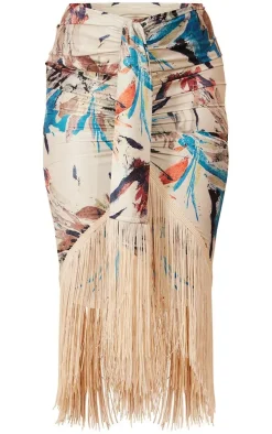 Stone Leaf Abstract Print Tassel Hem Midi Skirt