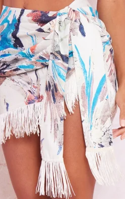 Stone Leaf Abstract Print Tassel Hem Mini Skirt
