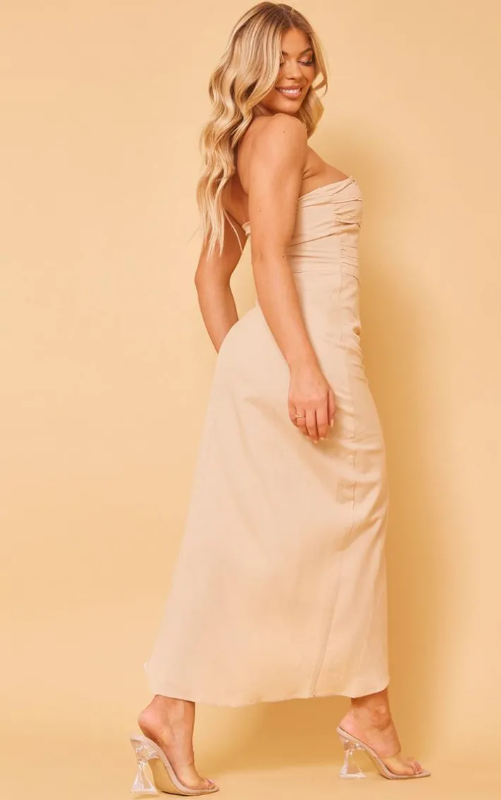 Stone Linen Bandeau Pleated Ruched Midi Dress