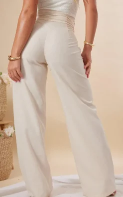 Stone Linen Feel Tie Front Straight Leg Pants