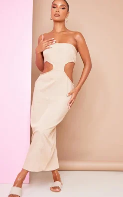 Stone Linen Look Bandeau Side Cut Out Maxi Dress