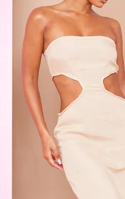 Stone Linen Look Bandeau Side Cut Out Maxi Dress