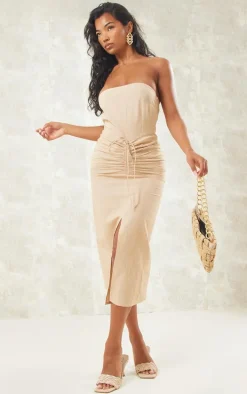 Stone Linen Look Bandeau Ruched Detail Midaxi Dress