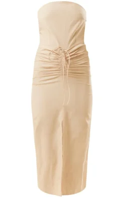 Stone Linen Look Bandeau Ruched Detail Midaxi Dress