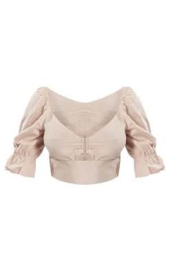 Stone Linen Look Bar Detail Puff Sleeve Crop Top