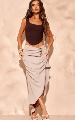 Stone Linen Look Bead Trim Ruched Side Maxi Skirt