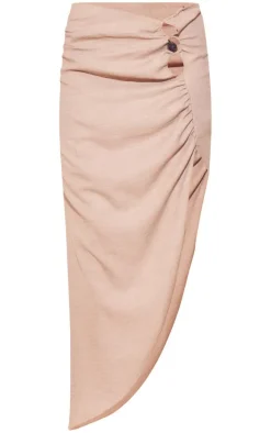 Stone Linen Look Bead Trim Ruched Side Maxi Skirt