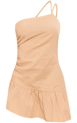 Stone Linen Look Cross Strappy Frill Shift Dress