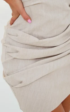 Stone Linen Look Fold Over Ruched Bodycon Dress