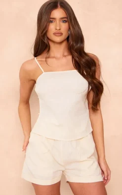 Stone Linen Look High Waisted Turn Up Hem Shorts