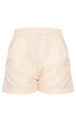 Stone Linen Look High Waisted Turn Up Hem Shorts
