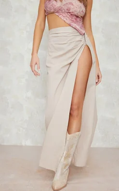 Stone Linen Look Hook And Eye Ruched Waistband Maxi Skirt