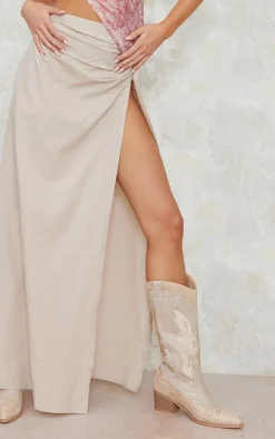 Stone Linen Look Hook And Eye Ruched Waistband Maxi Skirt