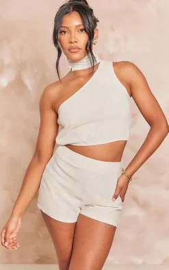 Stone Linen Look One Shoulder Chocker Detail Crop Top