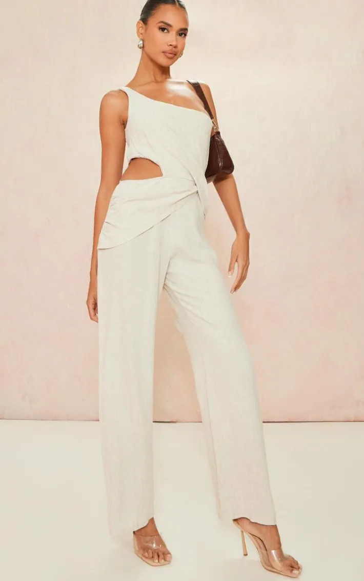 Stone Linen Look One Shoulder Twist Drape Detail Jumpsuit