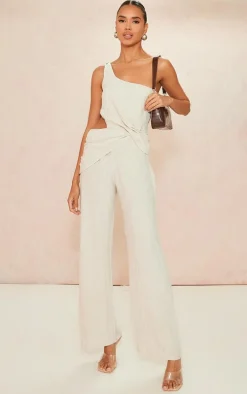 Stone Linen Look One Shoulder Twist Drape Detail Jumpsuit