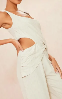 Stone Linen Look One Shoulder Twist Drape Detail Jumpsuit