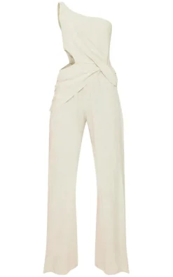 Stone Linen Look One Shoulder Twist Drape Detail Jumpsuit