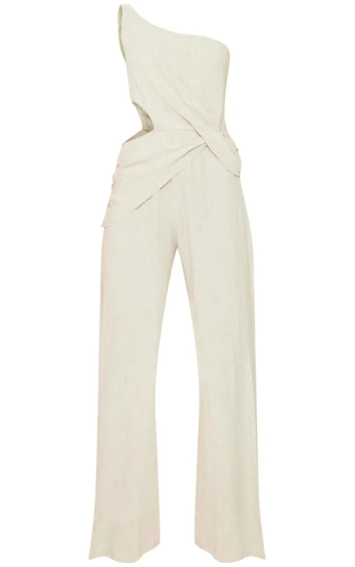 Stone Linen Look One Shoulder Twist Drape Detail Jumpsuit
