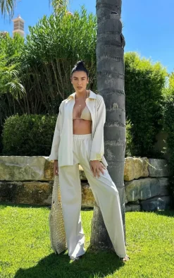 Stone Linen Look Oversized Wide Leg Pants