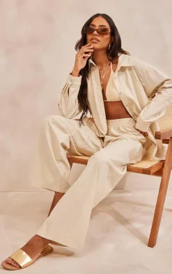 Stone Linen Look Oversized Button Up Shirt