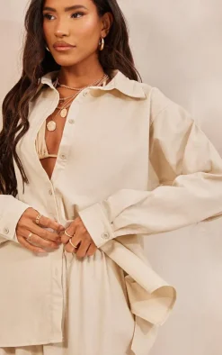 Stone Linen Look Oversized Button Up Shirt