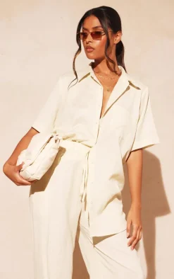 Stone Linen Look Oversize Boxy Short Sleeve Shirt